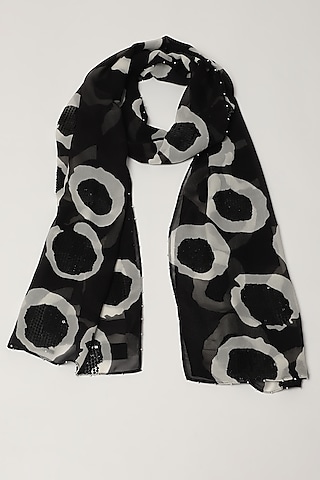 Black Silk Georgette Hand Embroidered Scarf by Abraham & Thakore