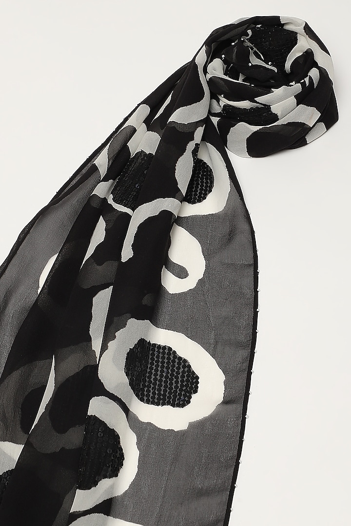 Black Silk Georgette Hand Embroidered Scarf by Abraham & Thakore at Pernia's Pop Up Shop