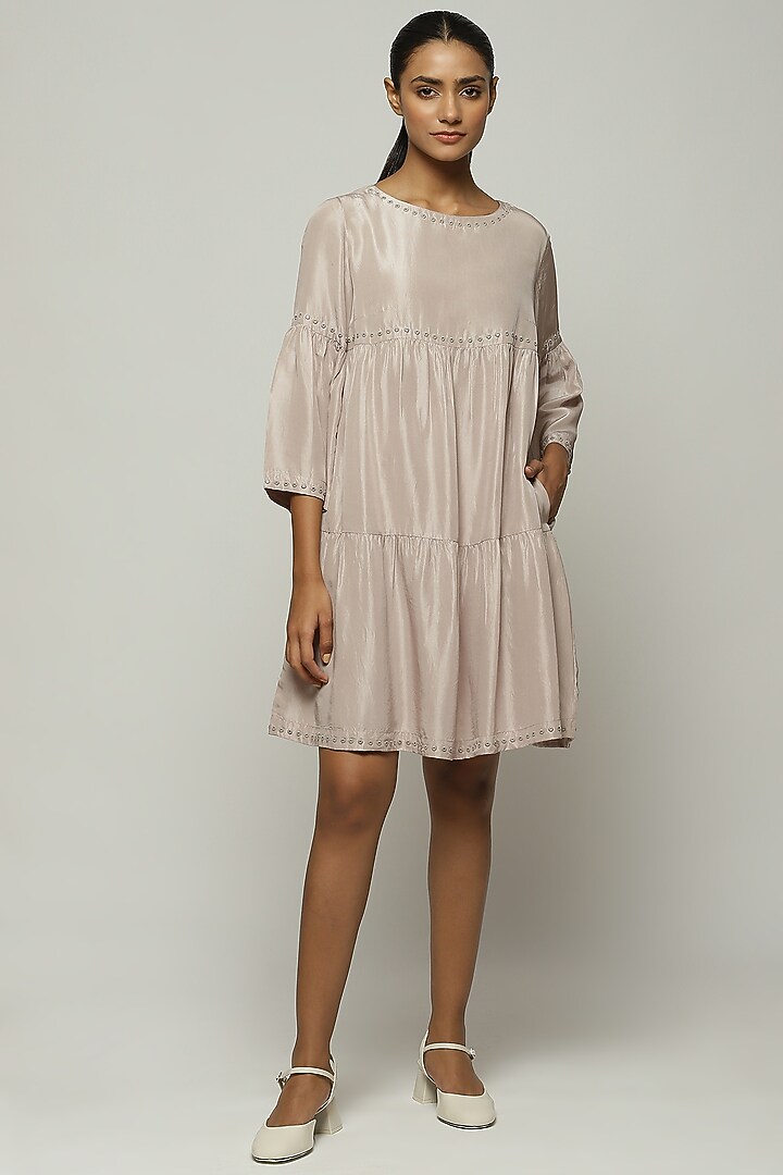 Smoky Ivory Habutai Silk Embroidered Knee-Length Vacation Dress by Abraham & Thakore at Pernia's Pop Up Shop