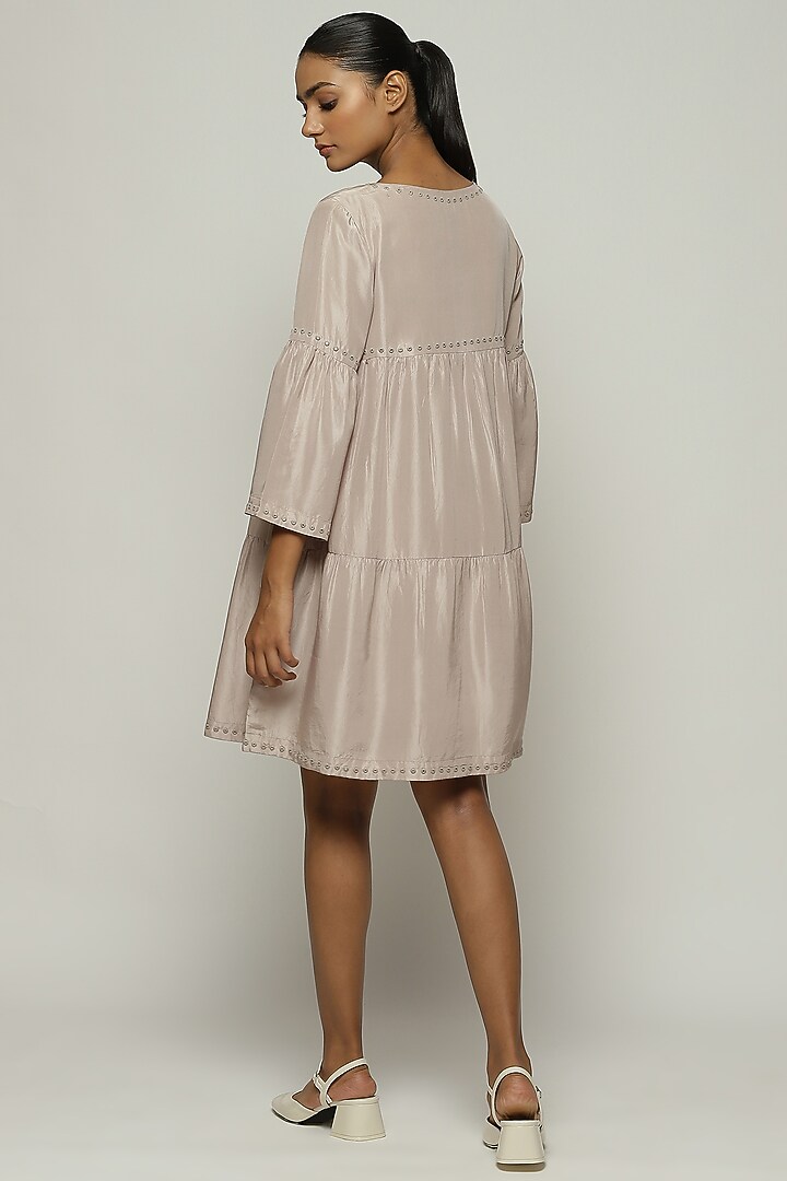 Smoky Ivory Habutai Silk Embroidered Knee-Length Vacation Dress by Abraham & Thakore at Pernia's Pop Up Shop