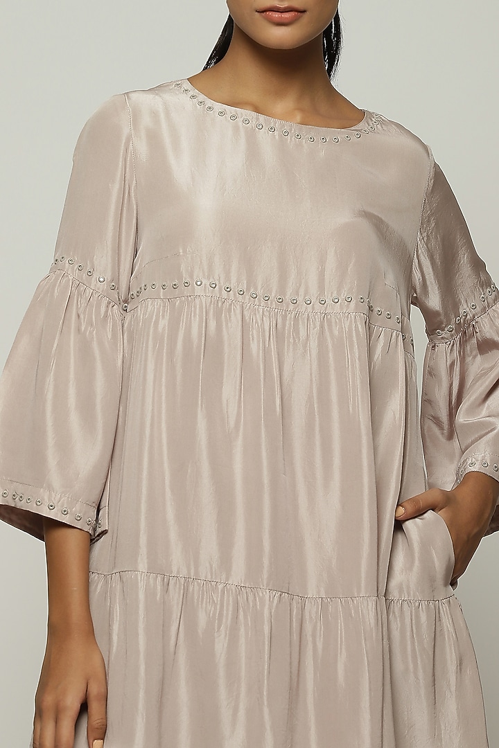 Smoky Ivory Habutai Silk Embroidered Knee-Length Vacation Dress by Abraham & Thakore at Pernia's Pop Up Shop