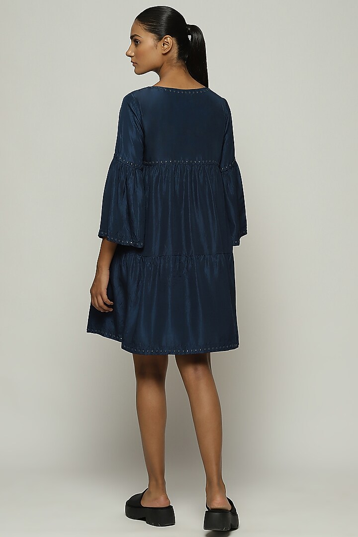 Denim Blue Habutai Silk Embroidered Knee-Length Vacation Dress by Abraham & Thakore at Pernia's Pop Up Shop