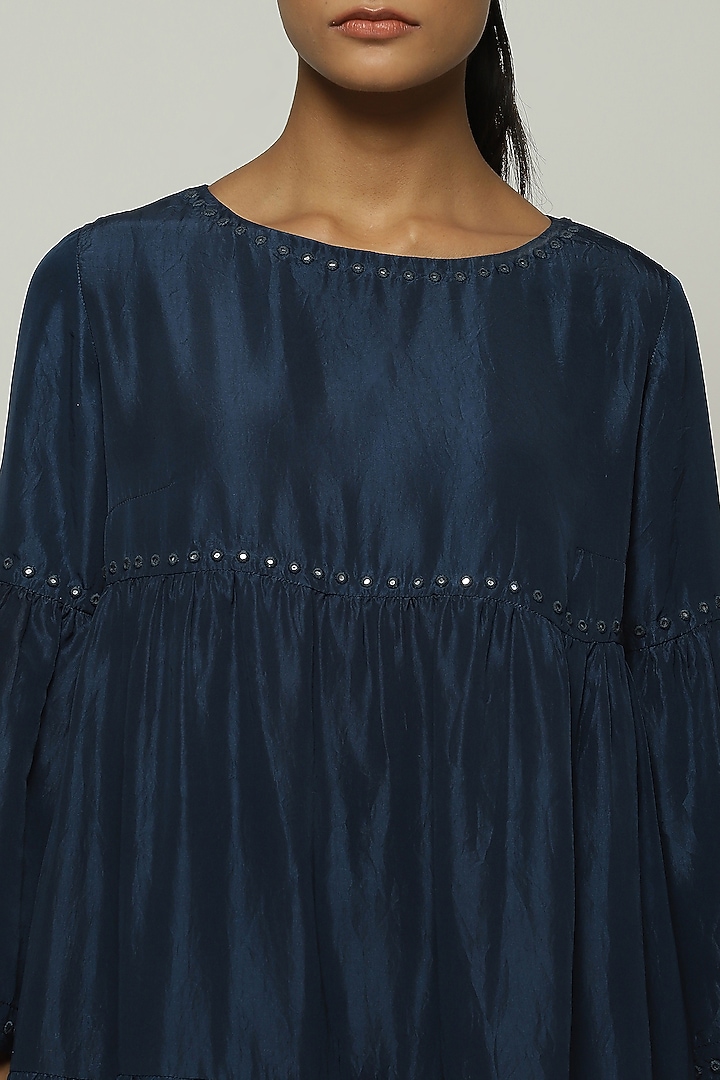 Denim Blue Habutai Silk Embroidered Knee-Length Vacation Dress by Abraham & Thakore at Pernia's Pop Up Shop