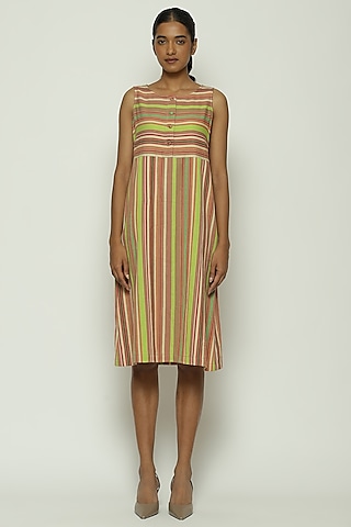 Multi-Colored Cotton Striped Knee-Length Dress by Abraham & Thakore