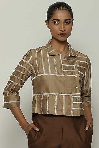 Biscuit-Brown Chanderi Shirt by Abraham & Thakore