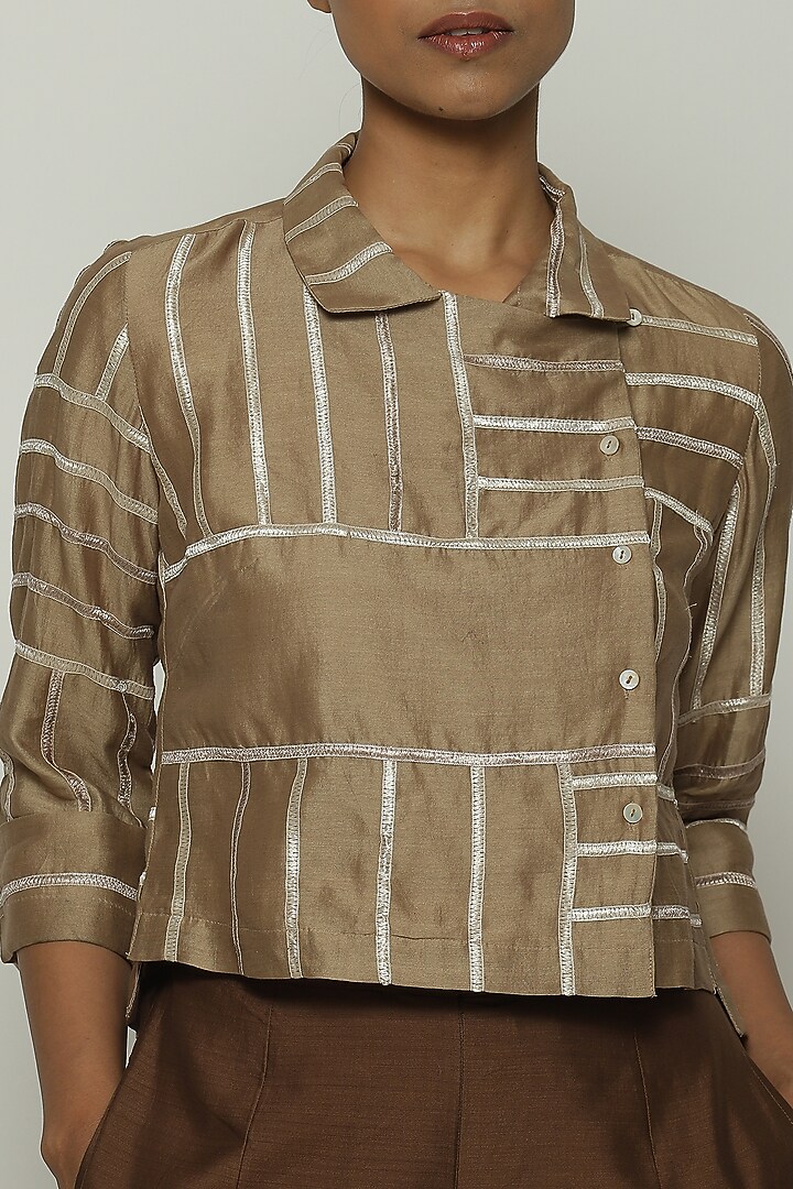 Biscuit-Brown Chanderi Shirt by Abraham & Thakore at Pernia's Pop Up Shop