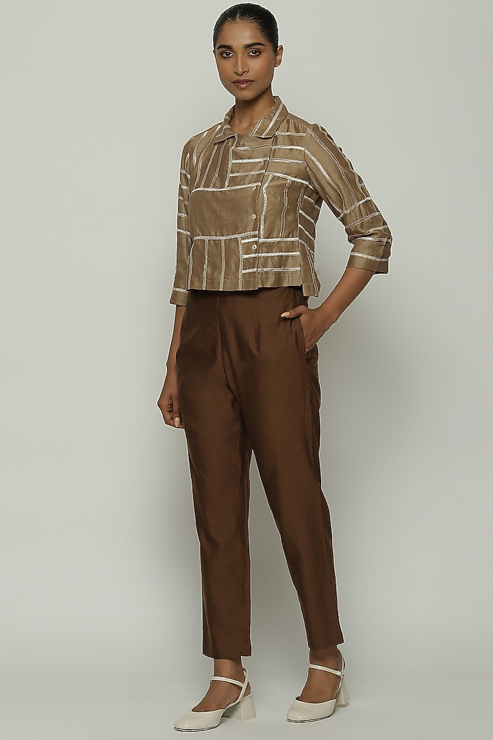 Biscuit-Brown Chanderi Shirt by Abraham & Thakore at Pernia's Pop Up Shop