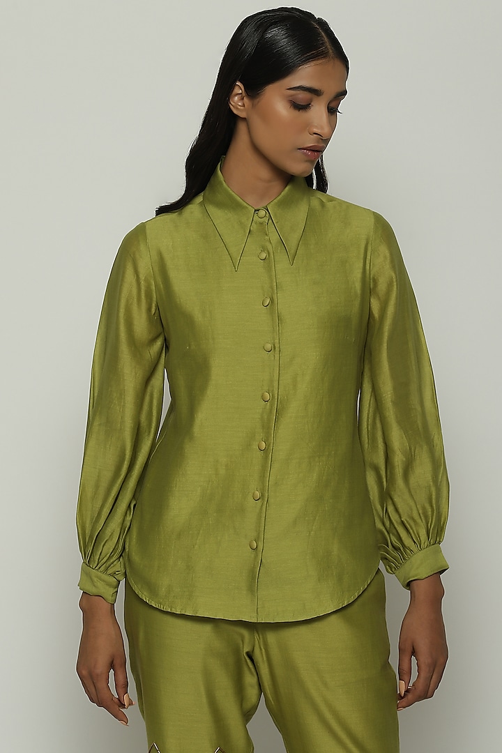 Green Chanderi Shirt by Abraham & Thakore at Pernia's Pop Up Shop