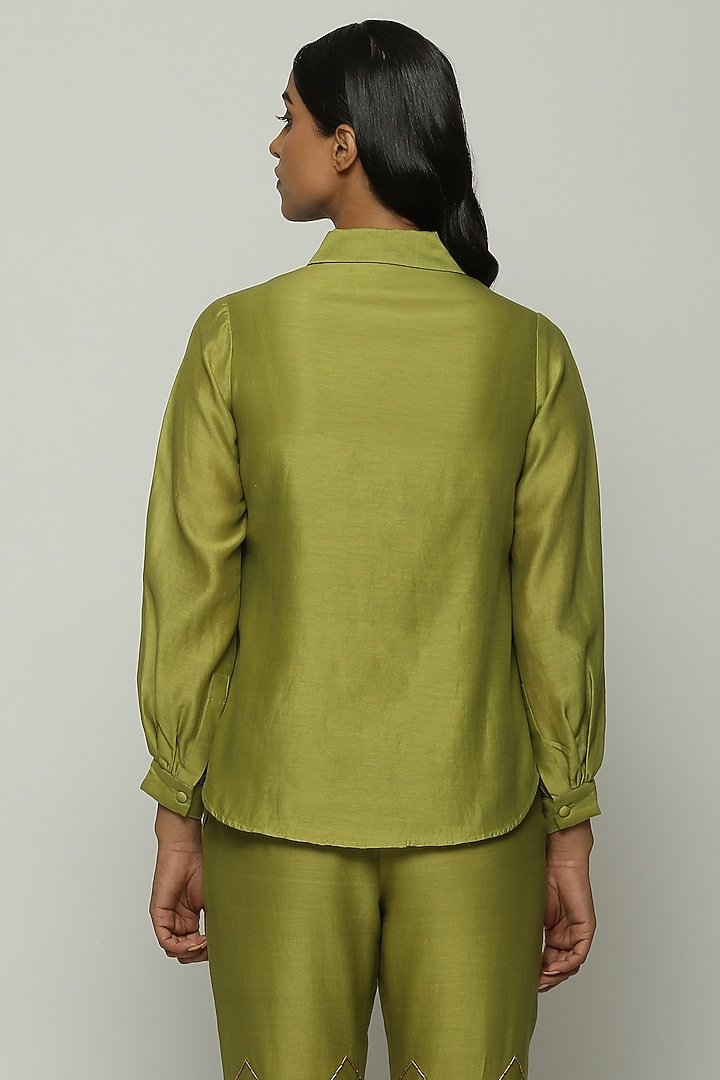 Green Chanderi Shirt by Abraham & Thakore at Pernia's Pop Up Shop