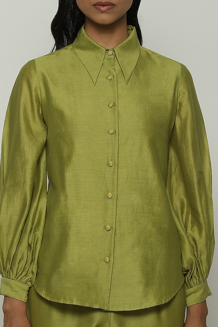 Green Chanderi Shirt by Abraham & Thakore at Pernia's Pop Up Shop