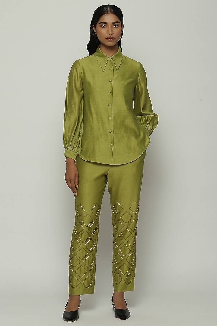 Green Chanderi Shirt by Abraham & Thakore at Pernia's Pop Up Shop