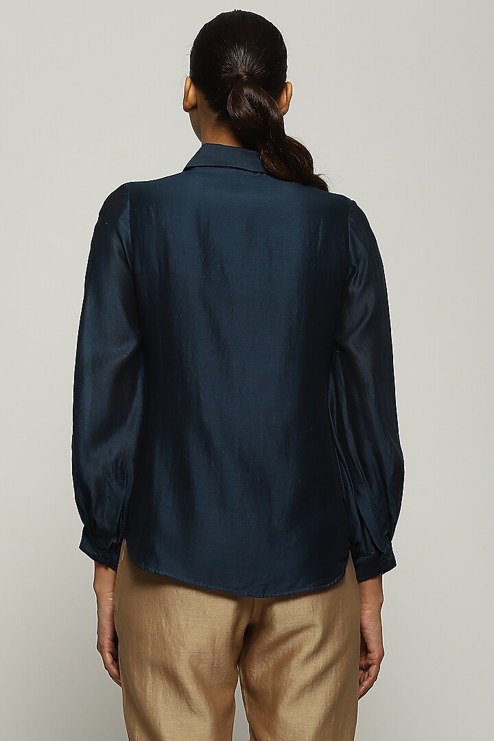 Denim Blue Chanderi Shirt by Abraham & Thakore at Pernia's Pop Up Shop