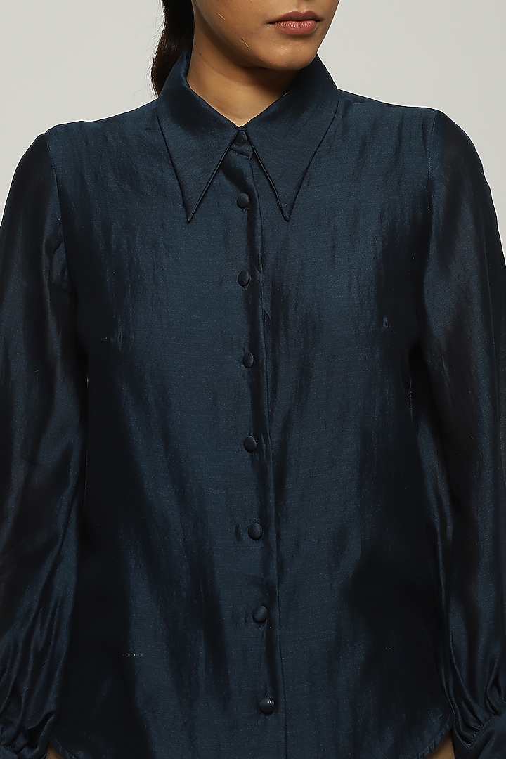 Denim Blue Chanderi Shirt by Abraham & Thakore at Pernia's Pop Up Shop