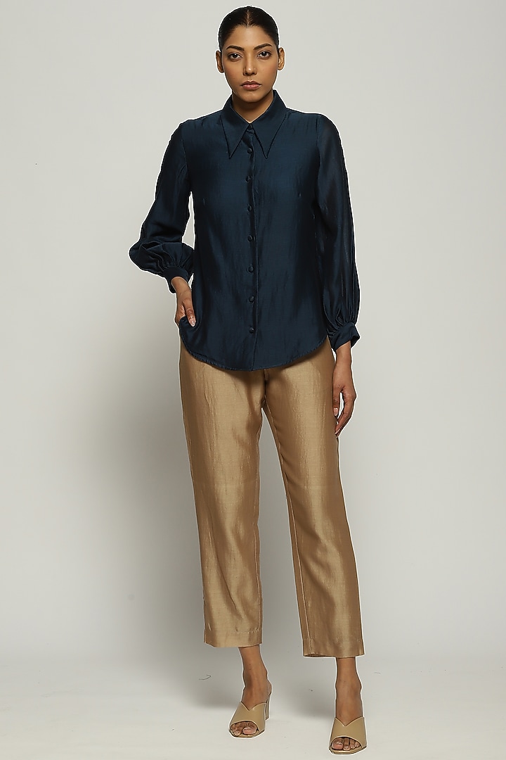 Denim Blue Chanderi Shirt by Abraham & Thakore at Pernia's Pop Up Shop
