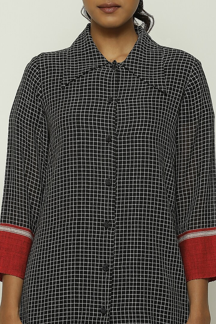 Black Cotton Checkered Handwoven Shirt by Abraham & Thakore at Pernia's Pop Up Shop