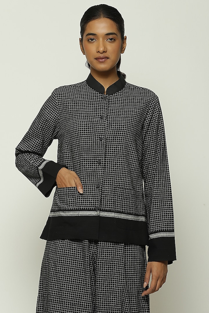Black Cotton Checkered Handwoven Shirt by Abraham & Thakore