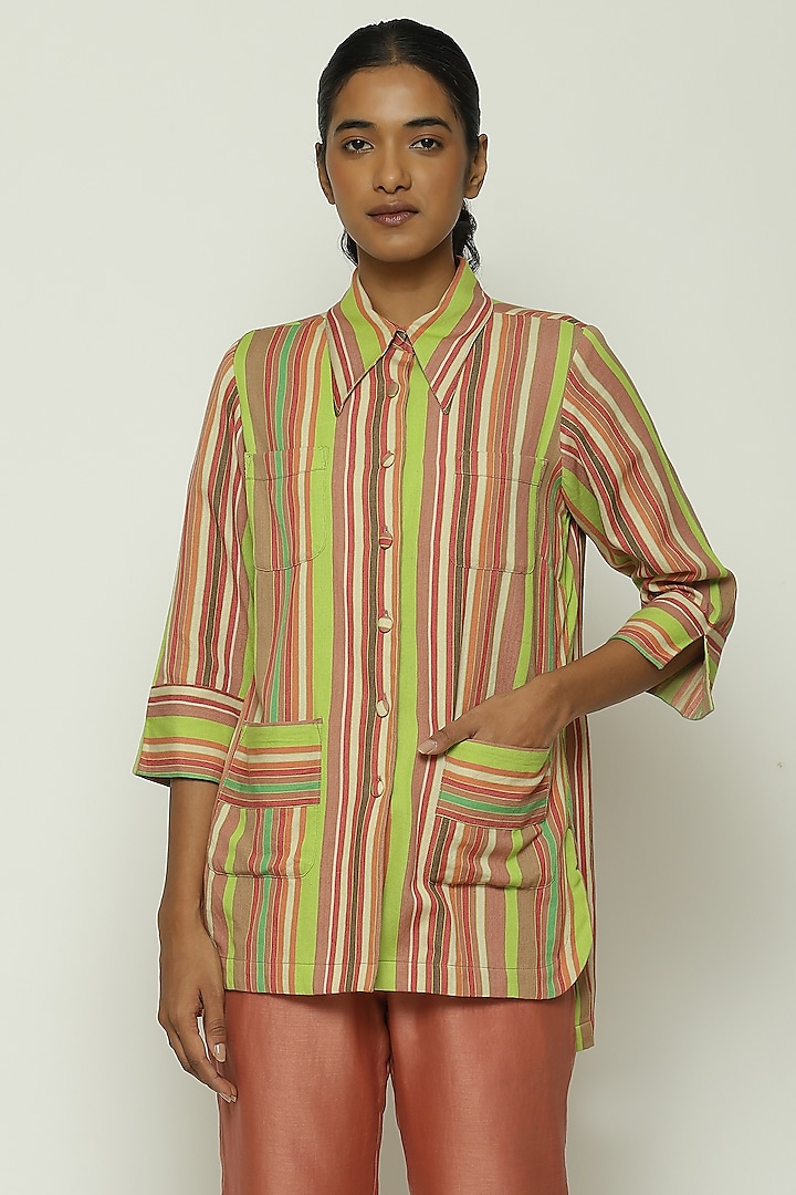 Multi-Colored Cotton Striped Handwoven Shirt by Abraham & Thakore at Pernia's Pop Up Shop