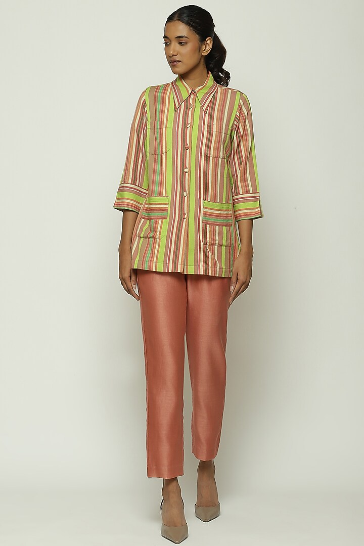 Multi-Colored Cotton Striped Handwoven Shirt by Abraham & Thakore at Pernia's Pop Up Shop