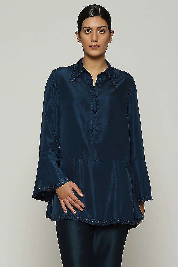 Denim Blue Habutai Silk Embroidered Top by Abraham & Thakore