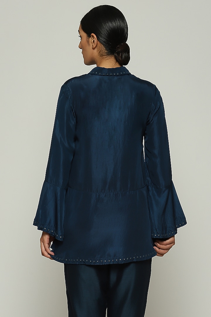 Denim Blue Habutai Silk Embroidered Top by Abraham & Thakore at Pernia's Pop Up Shop