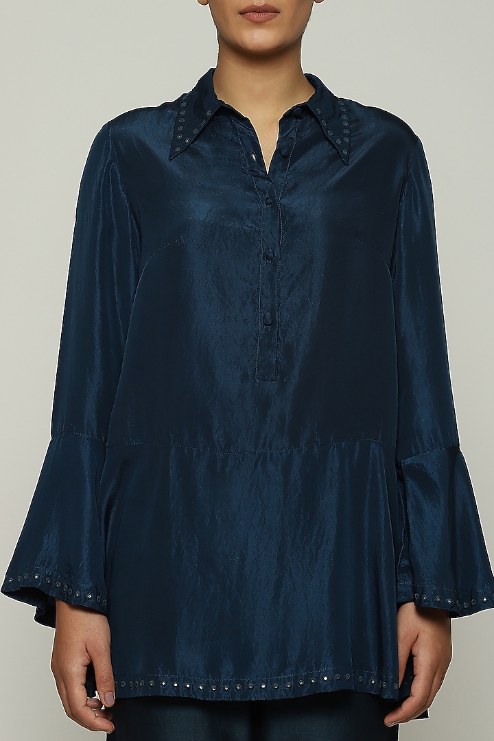 Denim Blue Habutai Silk Embroidered Top by Abraham & Thakore at Pernia's Pop Up Shop