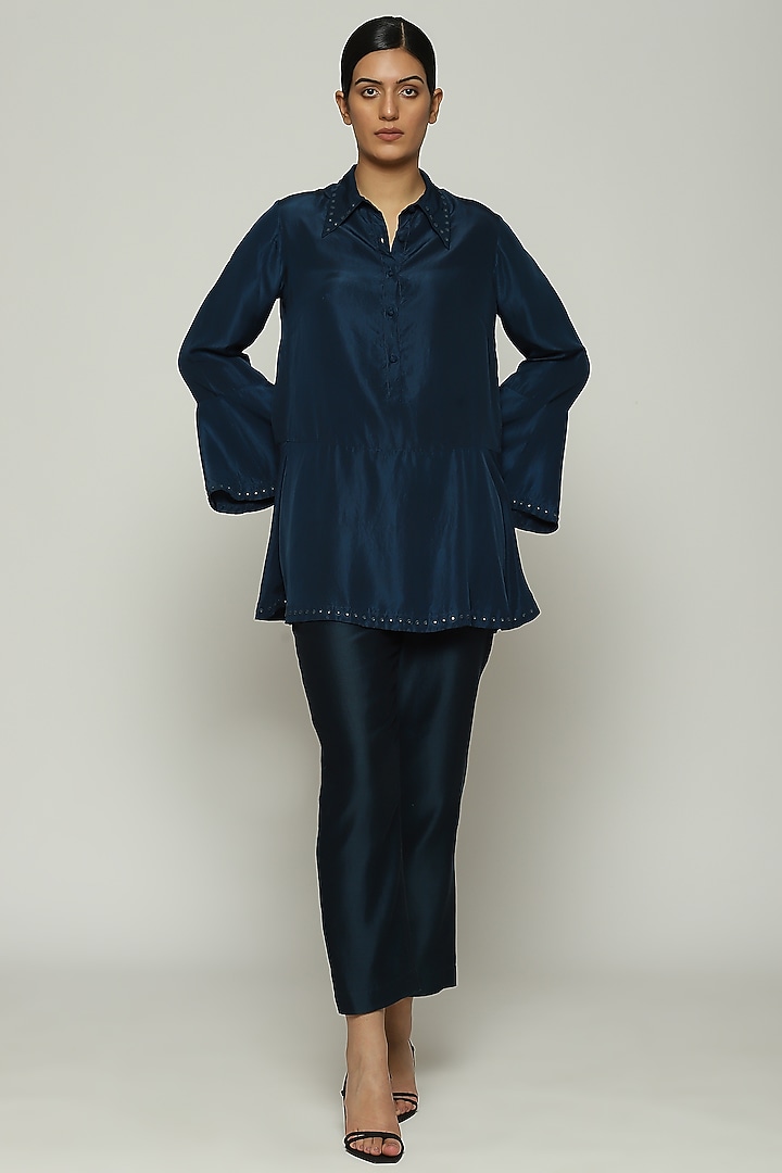 Denim Blue Habutai Silk Embroidered Top by Abraham & Thakore at Pernia's Pop Up Shop