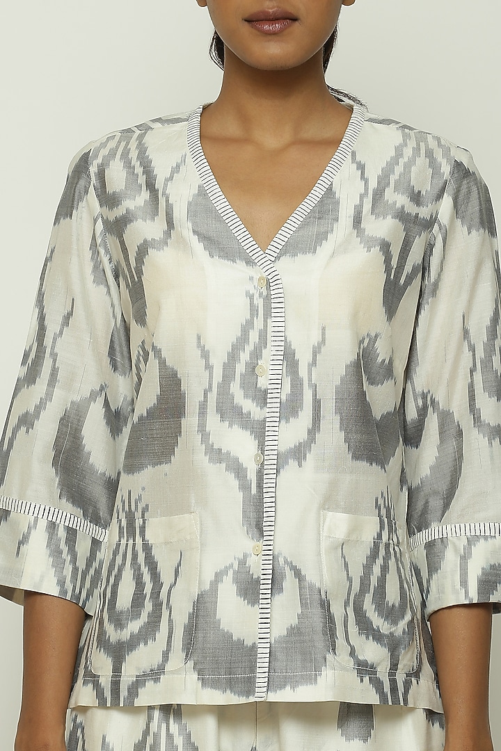 Ivory Cotton & Silk Ikat-Dyed Handwoven Top by Abraham & Thakore at Pernia's Pop Up Shop