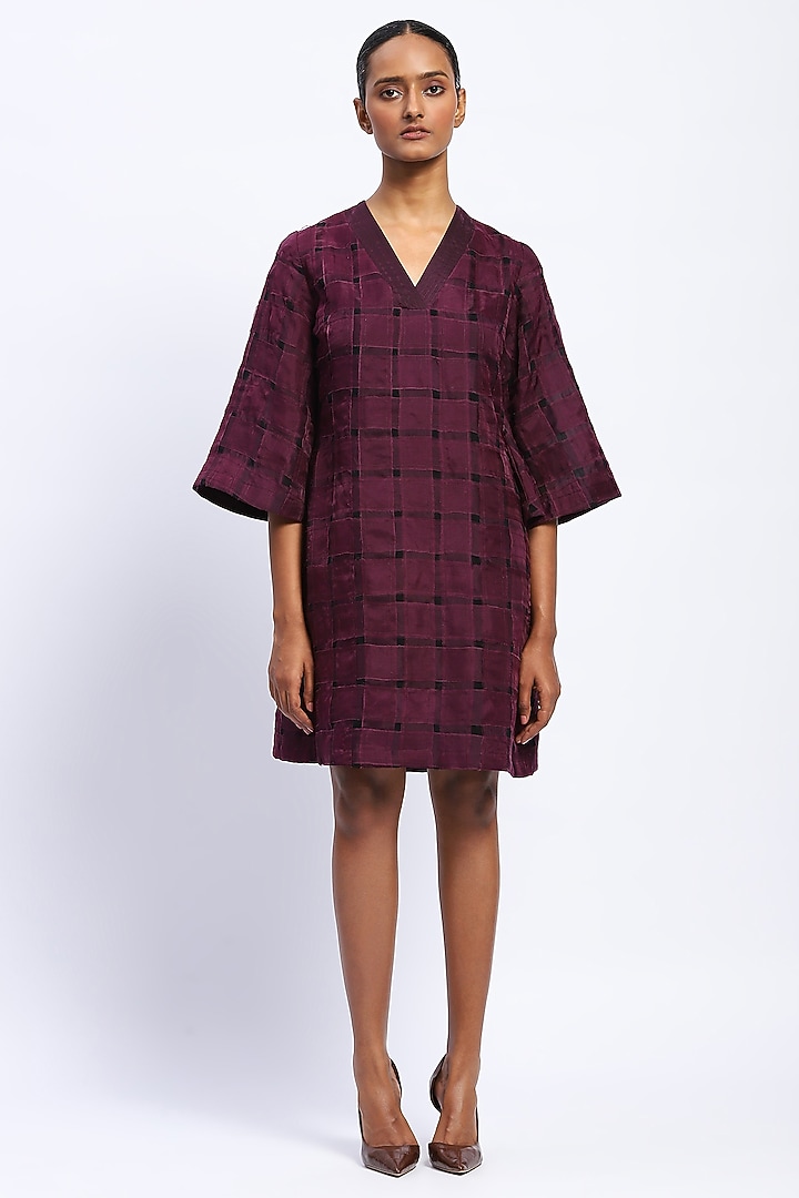 Purple Georgette Stripe Mini Vacation Dress by Abraham & Thakore at Pernia's Pop Up Shop