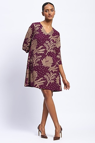 Purple Georgette Floral Embroidered Mini Dress by Abraham & Thakore