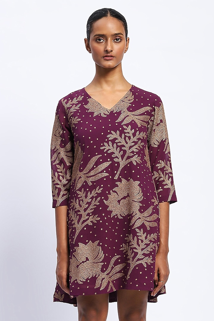Purple Georgette Floral Embroidered Mini Vacation Dress by Abraham & Thakore at Pernia's Pop Up Shop