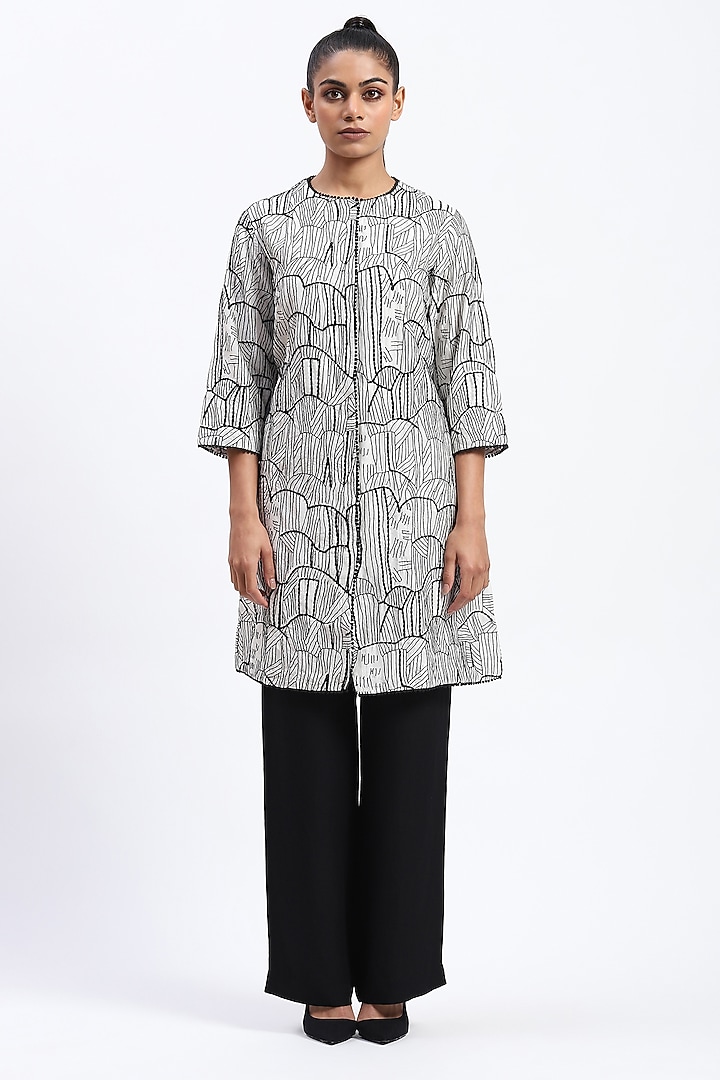 White Chanderi Tribal Embroidered Vacation Dress by Abraham & Thakore at Pernia's Pop Up Shop