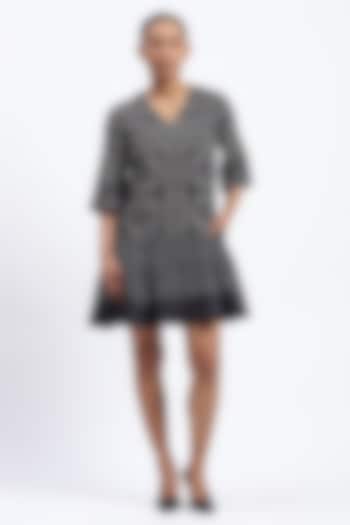 Black Linen Blend Geometric Printed & Embroidered Vacation Dress by Abraham & Thakore at Pernia's Pop Up Shop