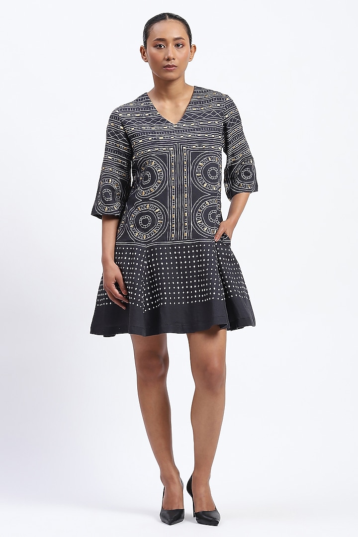 Black Linen Blend Geometric Printed & Embroidered Vacation Dress by Abraham & Thakore at Pernia's Pop Up Shop