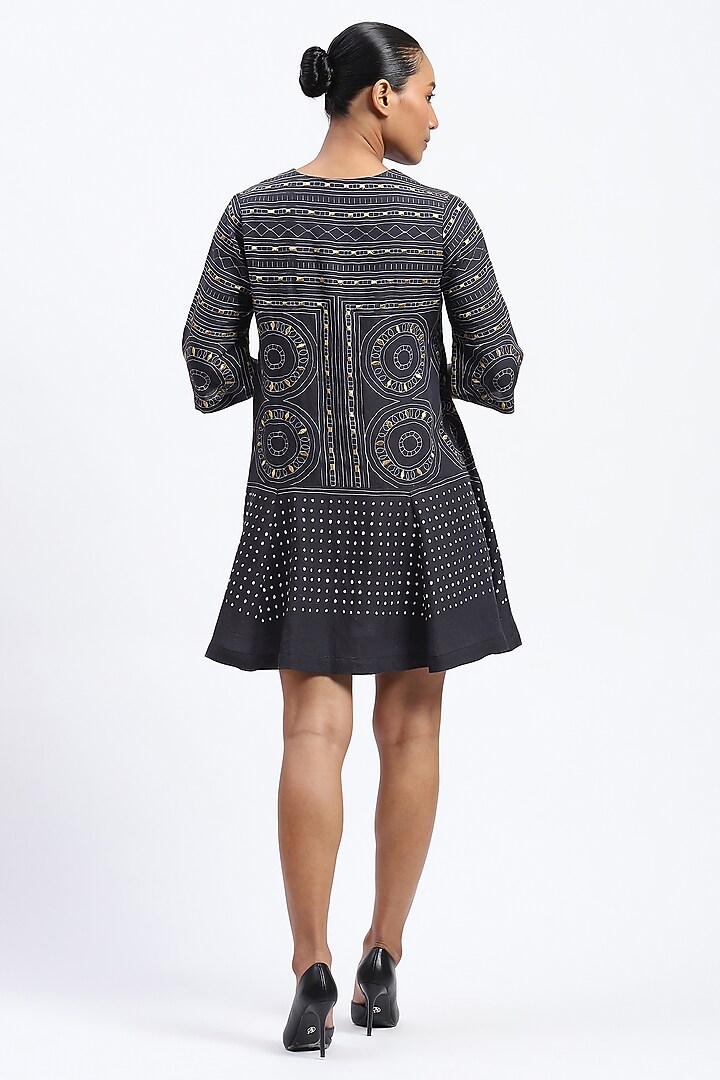 Black Linen Blend Geometric Printed & Embroidered Vacation Dress by Abraham & Thakore at Pernia's Pop Up Shop