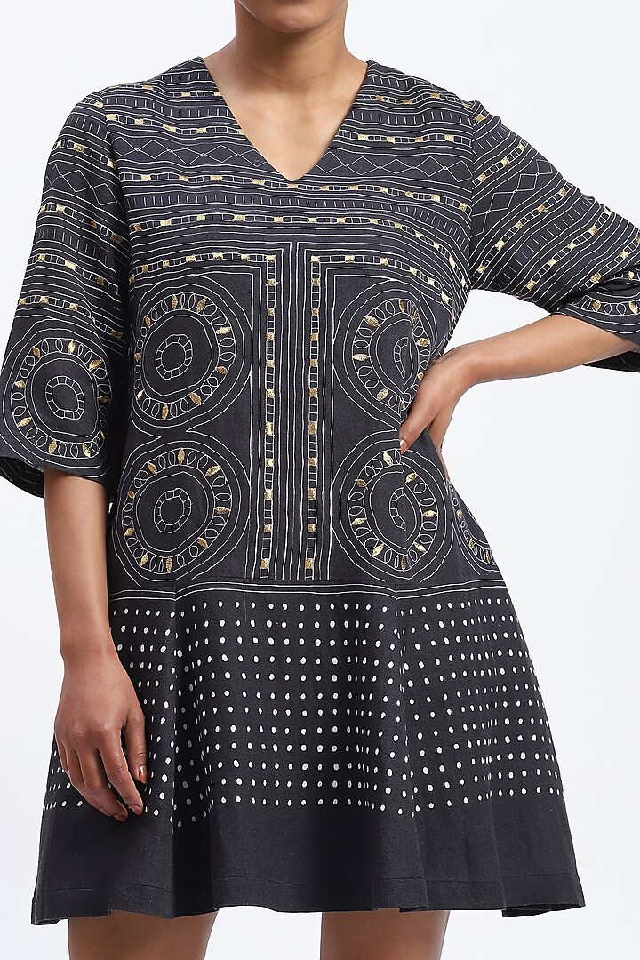 Black Linen Blend Geometric Printed & Embroidered Vacation Dress by Abraham & Thakore at Pernia's Pop Up Shop