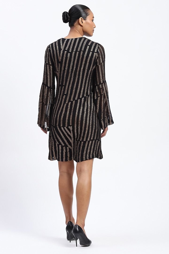 Black Georgette Metallic Sequins Embroidered Cocktail Dress by Abraham & Thakore at Pernia's Pop Up Shop