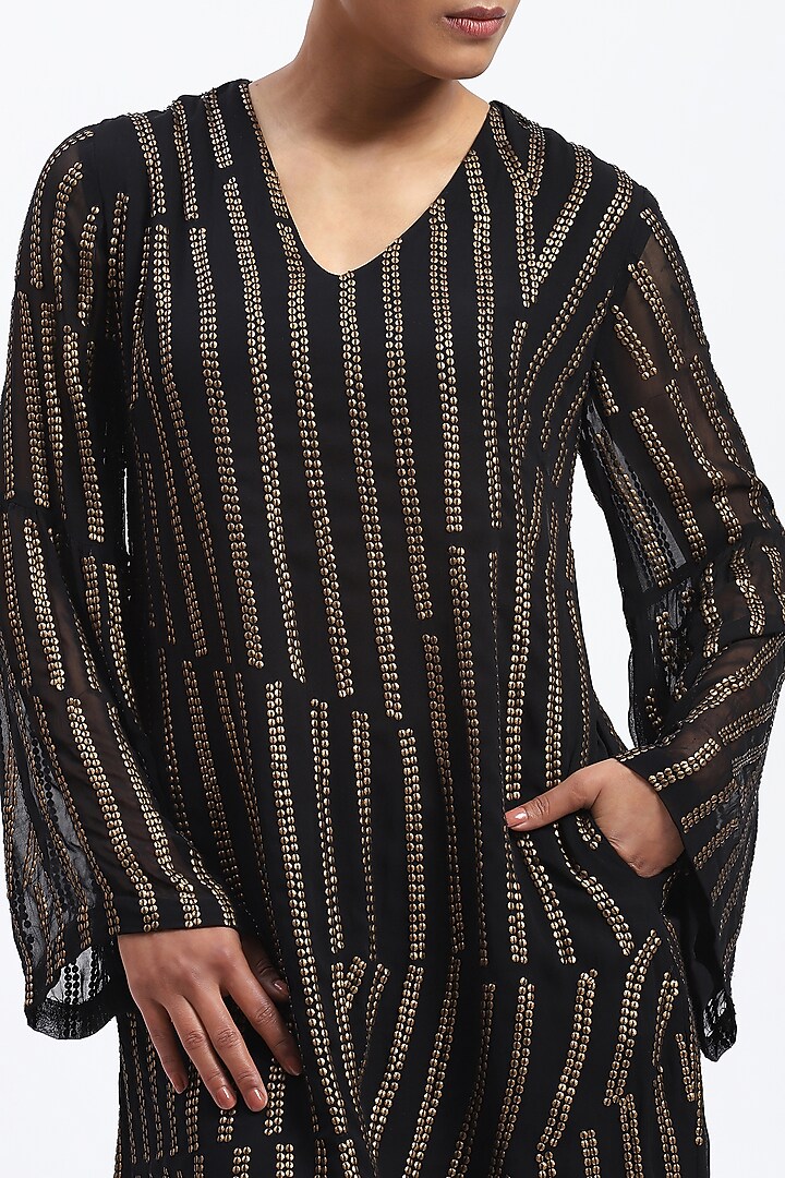 Black Georgette Metallic Sequins Embroidered Cocktail Dress by Abraham & Thakore at Pernia's Pop Up Shop