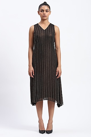 Metallic Gold Georgette Printed & Embellished Dress by Abraham & Thakore
