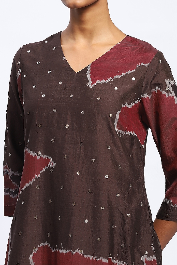 Burgundy Chanderi Hand Embellished Vacation Dress by Abraham & Thakore at Pernia's Pop Up Shop