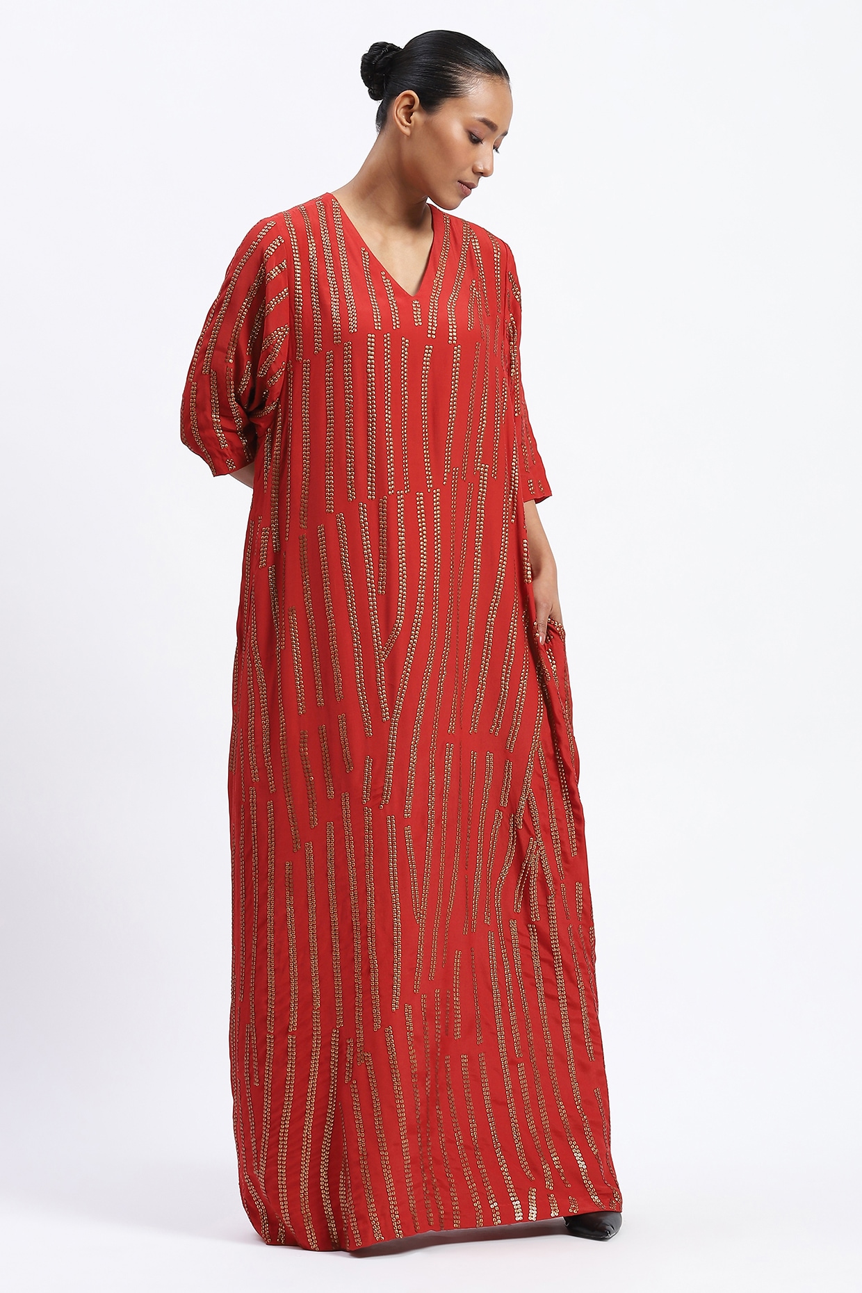 Pernia's Pop Up Shop - Abraham & Thakore Women Coral Crepe Metallic Sequins Embroidered Maxi Dress