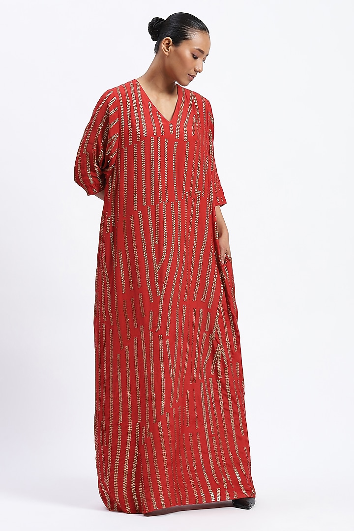 Coral Crepe Metallic Sequins Embroidered Maxi Cocktail Dress by Abraham & Thakore at Pernia's Pop Up Shop