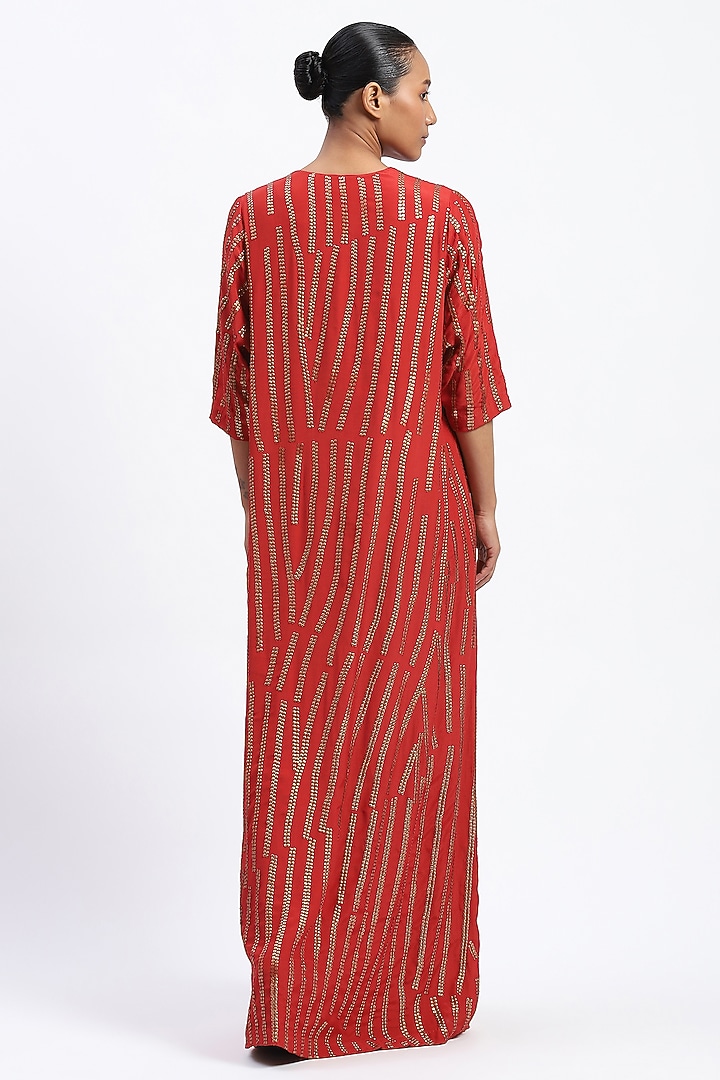 Coral Crepe Metallic Sequins Embroidered Maxi Cocktail Dress by Abraham & Thakore at Pernia's Pop Up Shop