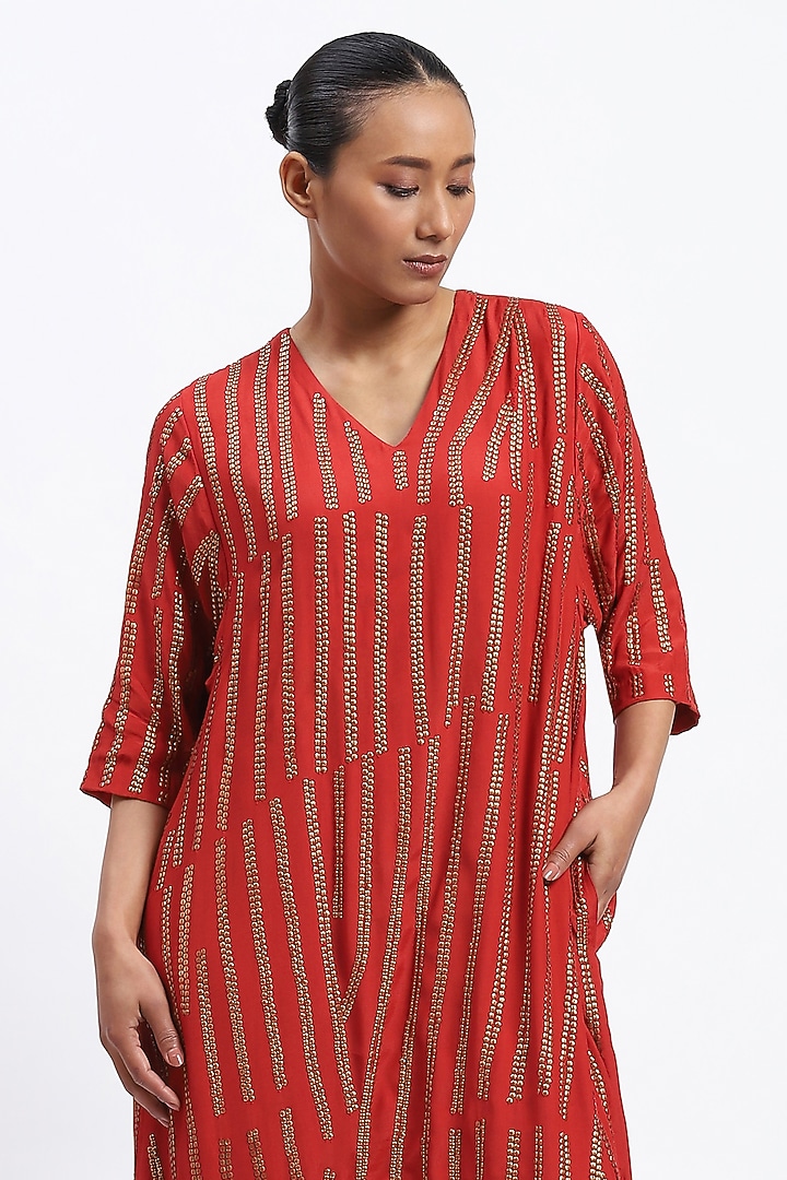 Coral Crepe Metallic Sequins Embroidered Maxi Cocktail Dress by Abraham & Thakore at Pernia's Pop Up Shop