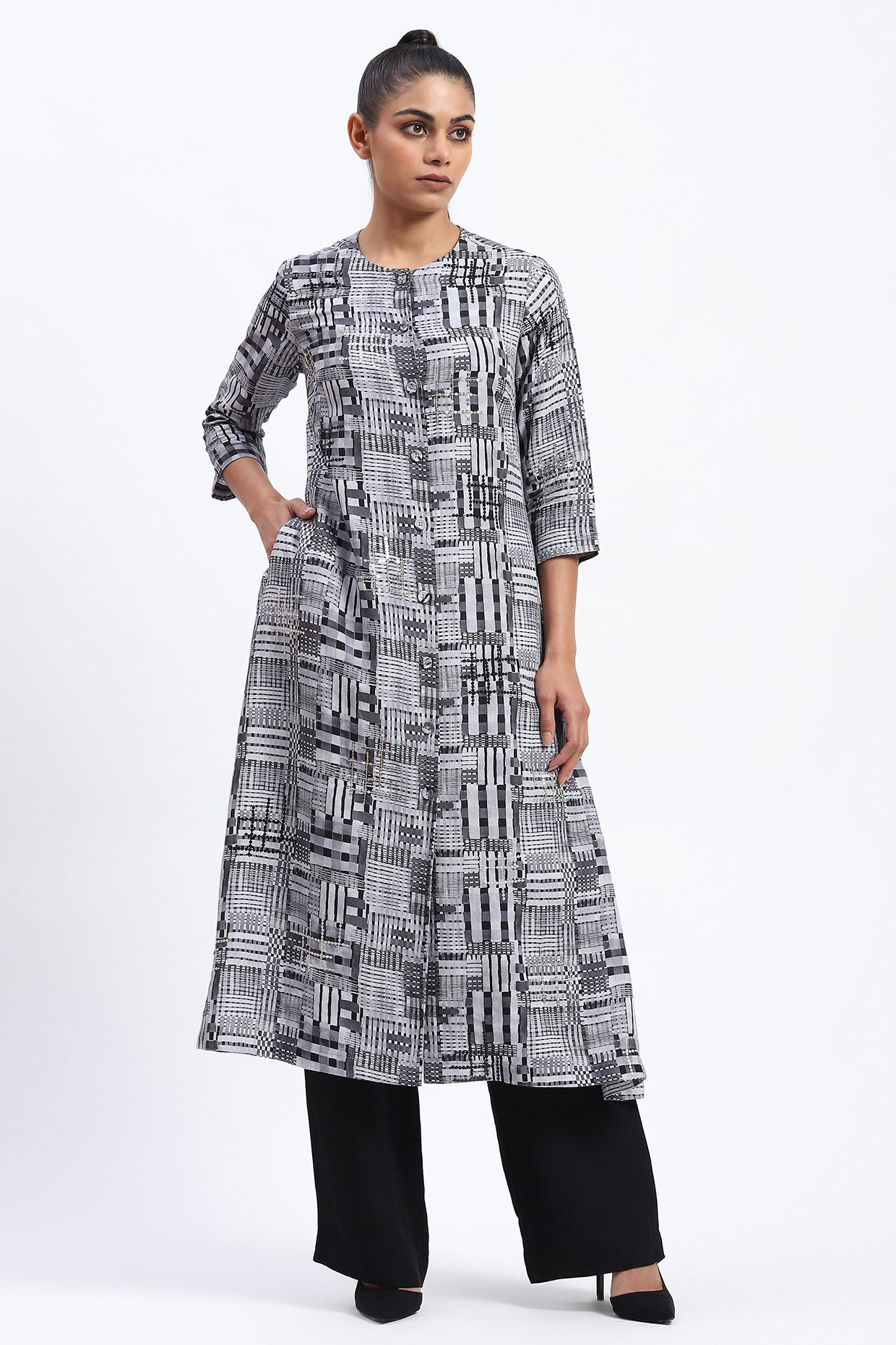 Grey Linen Blend Printed Kurta by Abraham & Thakore at Pernia's Pop Up Shop