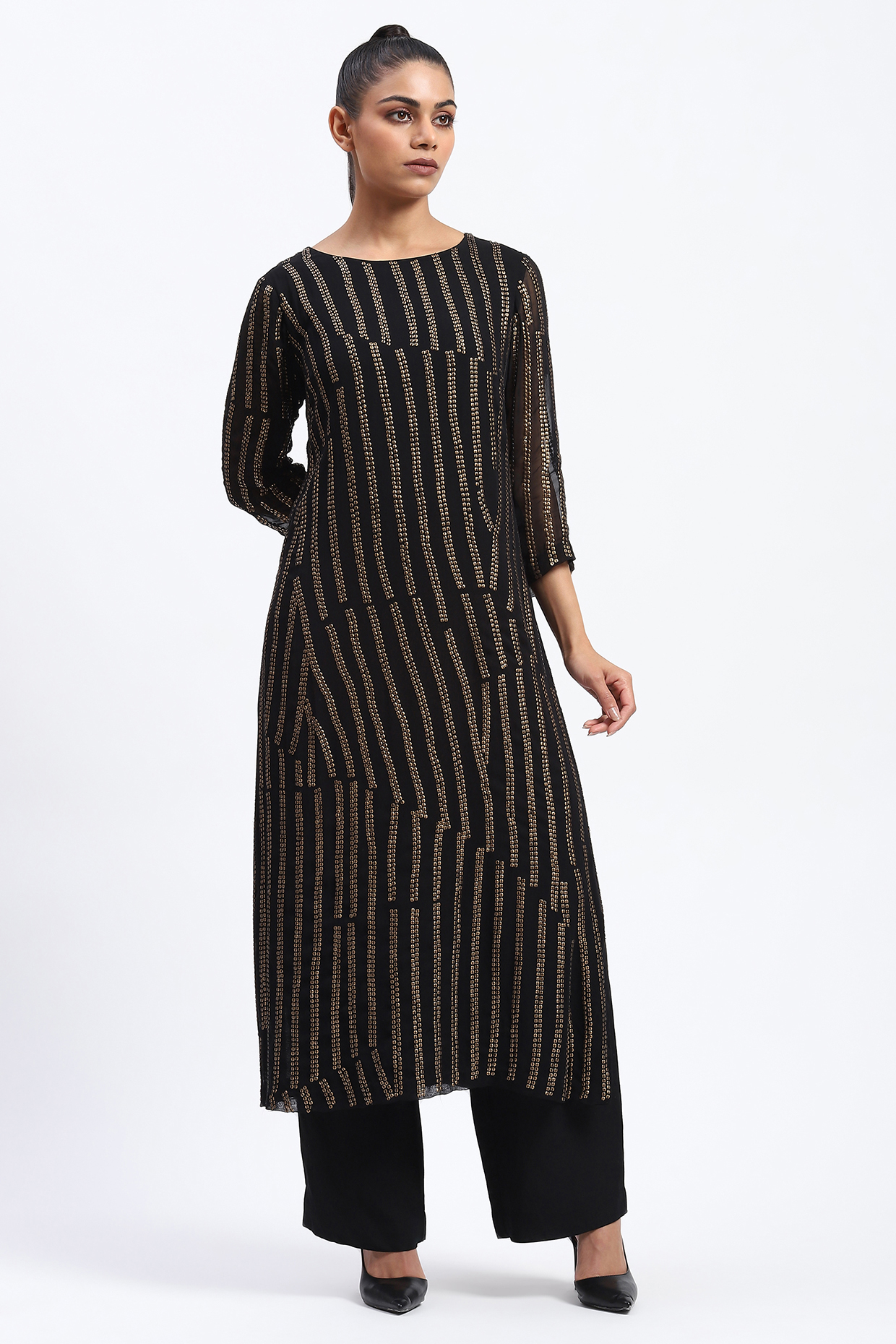 Black Georgette Embroidered Kurta by Abraham & Thakore at Pernia's Pop Up Shop