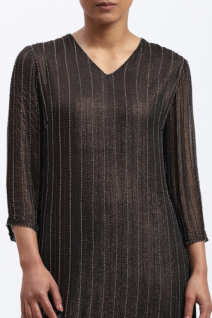 Metallic Gold Georgette Printed & Embellished Kurta by Abraham & Thakore at Pernia's Pop Up Shop