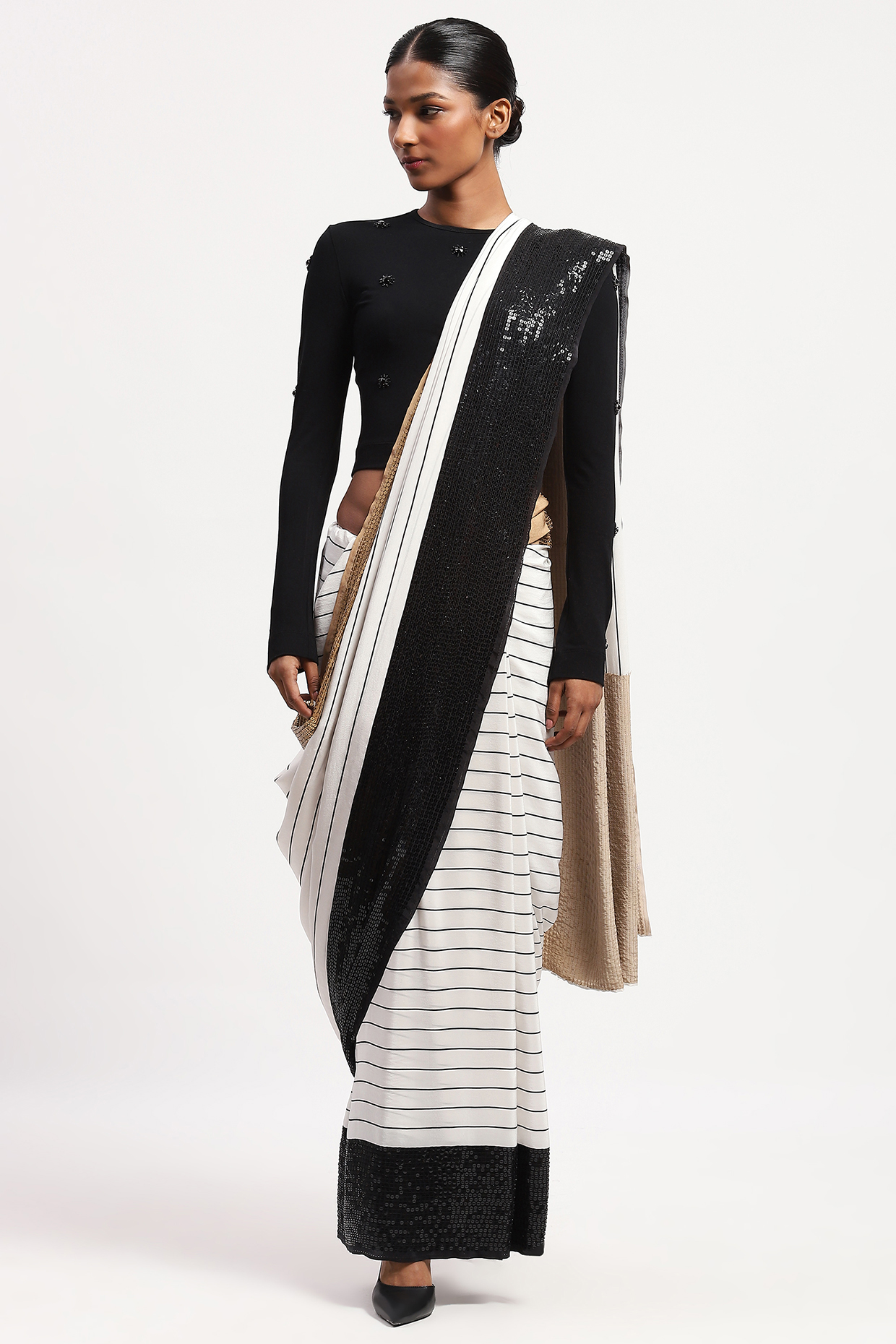 White Crepe Stripe Printed & Hand Embellished Wedding Saree by Abraham & Thakore at Pernia's Pop Up Shop