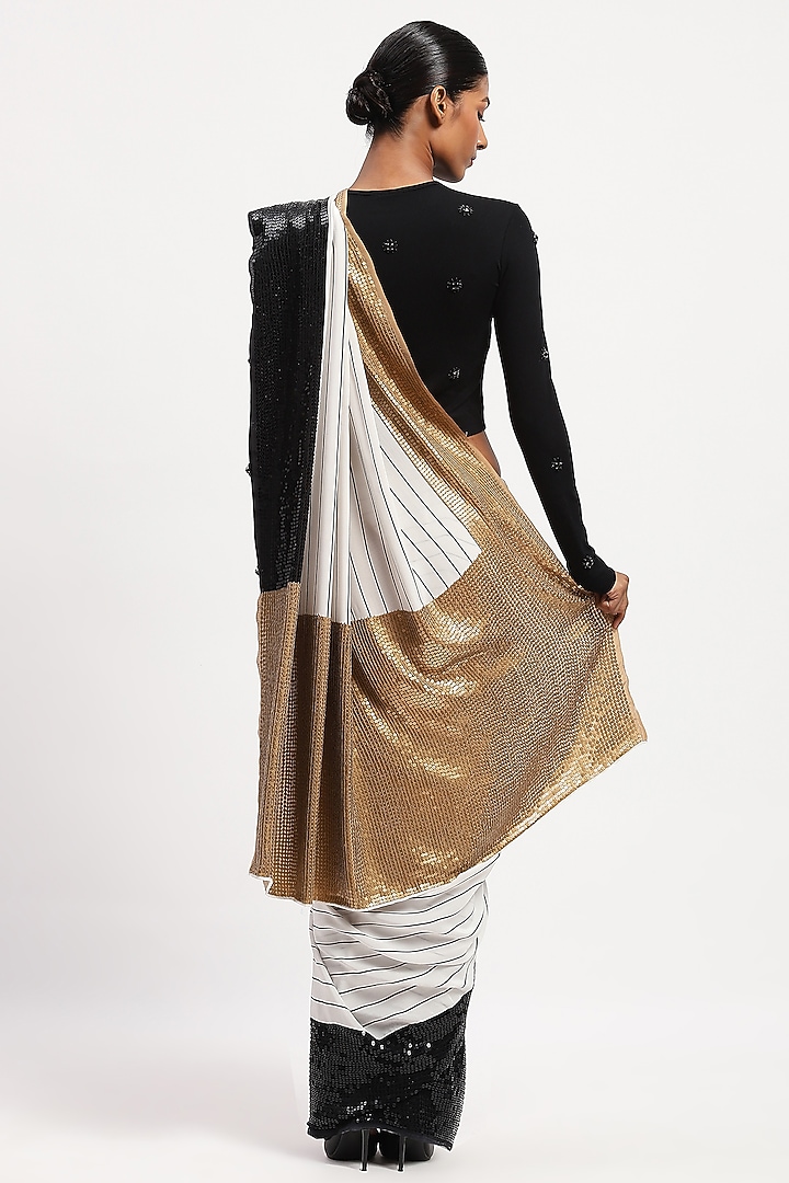 White Crepe Stripe Printed & Hand Embellished Wedding Saree by Abraham & Thakore at Pernia's Pop Up Shop