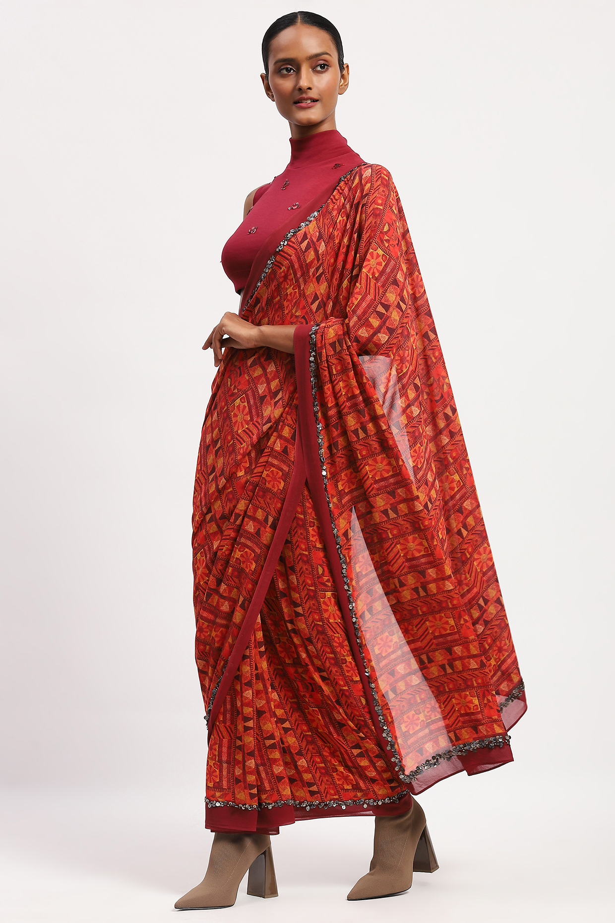 Multi-Colored Fine Silk Georgette Printed & Embellished Wedding Saree by Abraham & Thakore at Pernia's Pop Up Shop