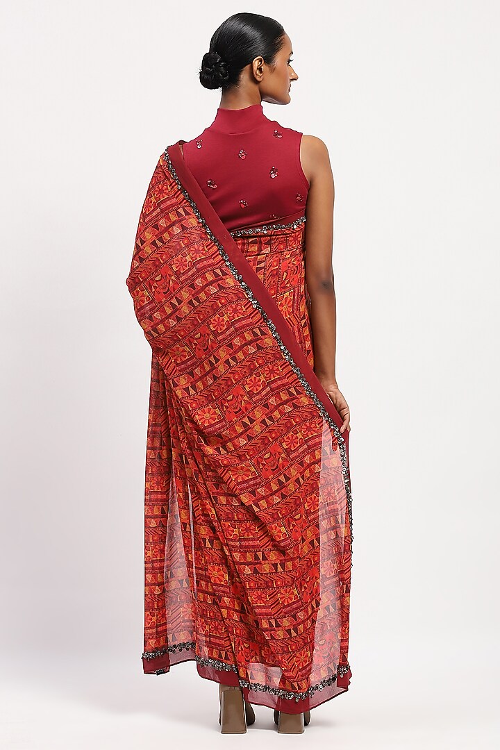 Multi-Colored Fine Silk Georgette Printed & Embellished Wedding Saree by Abraham & Thakore at Pernia's Pop Up Shop